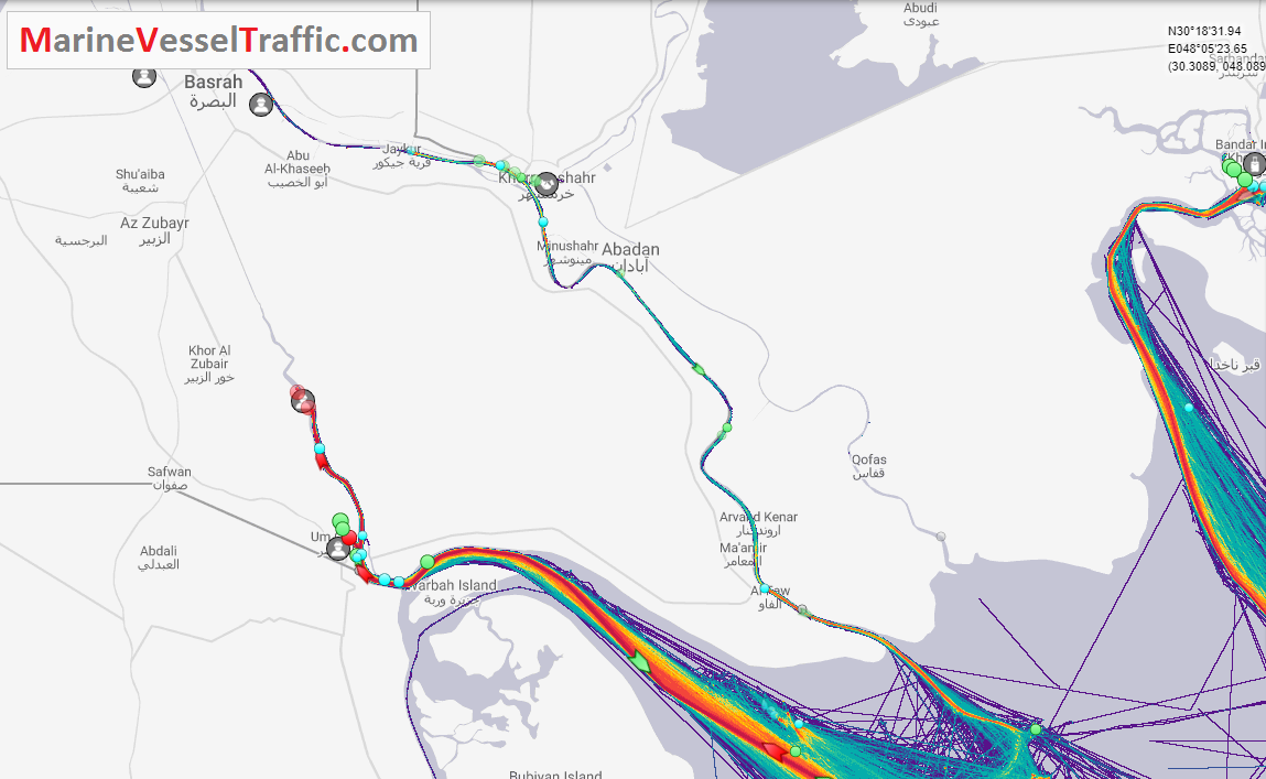 Live Marine Traffic, Density Map and Current Position of ships in SHATT AL ARAB RIVER